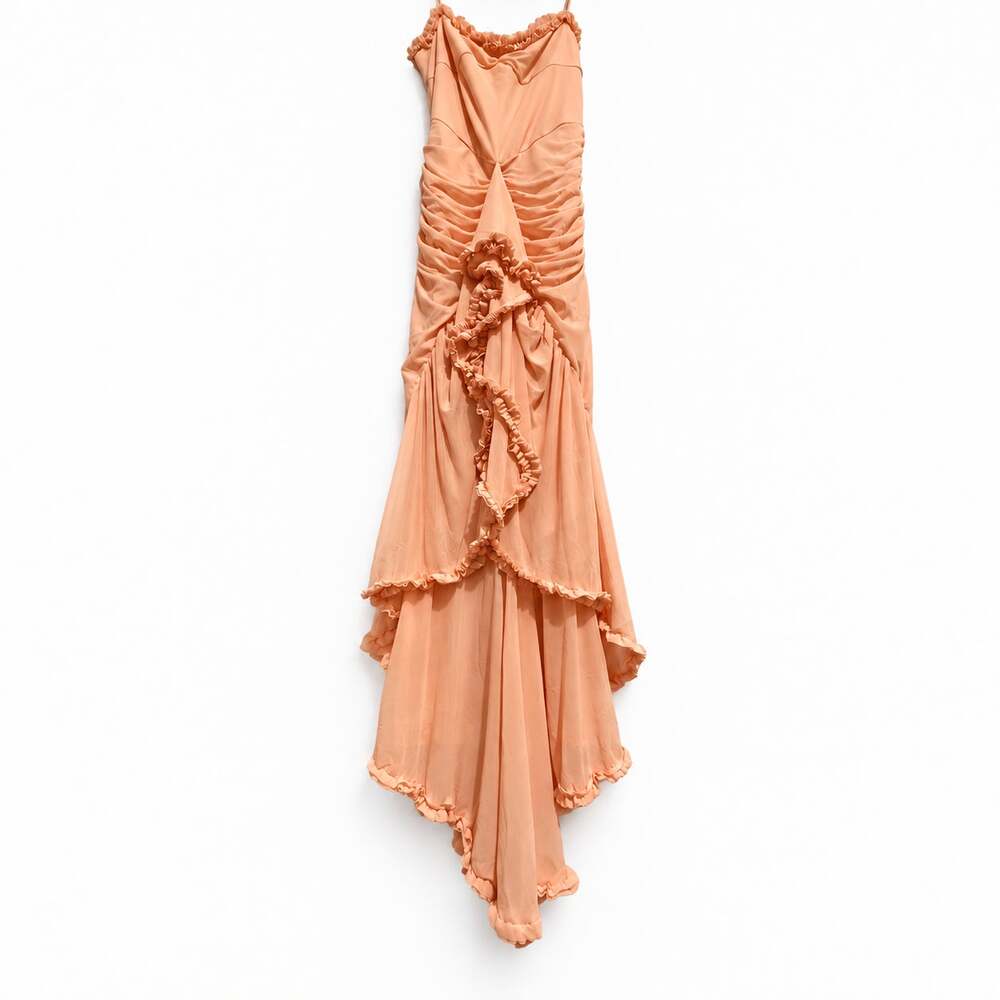 Blush Pink Ruched Maxi Dress Spaghetti Strap Ruffle High Low Formal Dress M